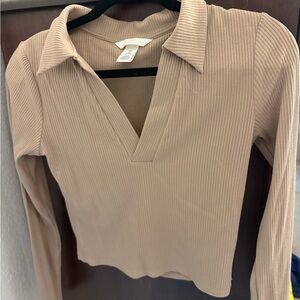 H&M Ribbed Long Sleeve V-Neck Polo Top - Taupe
